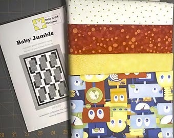 Baby Quilt Kit, Roboter Stoffpaket, grün, gelb, blau, rot, Krippenmuster, kostenloser Versand