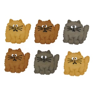 May include: Six felt cat buttons in various colours, including brown, orange, and grey. Each button features a cartoon cat with black eyes, a black nose, and a black mouth.