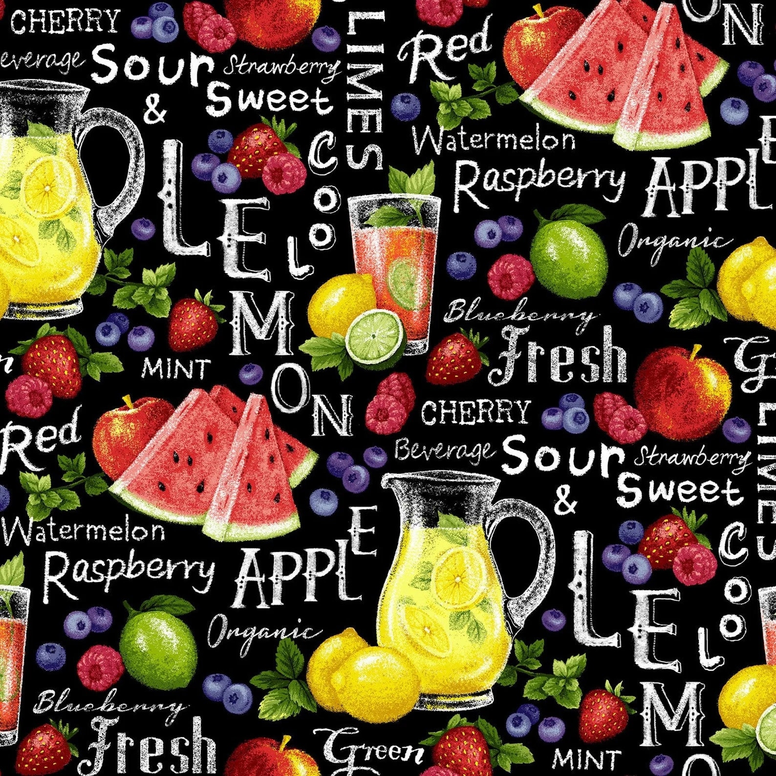 Black Fruit Cotton Fabric - Black - Paintbrush, by the Half Yard- Farmer John's Garden Party,Continuous Cuts, Home Decor ,Quilting , sewing,