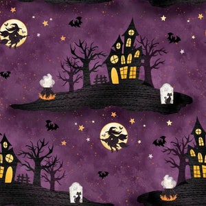 Halloween Fabric, Haunted Houses Fabric, By The Yard, Quilting Sewing Fabric, Novelty Fabric, Black Cats, Graveyard Fabric