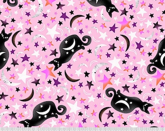 Pink Halloween Cats Fabric, Stars & Moon Cotton, Half Yard