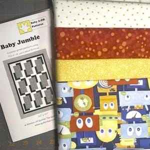 Robot Baby quilt kit with pattern and Cotton Fabric,DIY Gift Set - Green, Yellow, Blue, and Red Fabric Bundle-  perfect for baby shower gift
