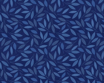 Blooming Leaves Blue Fabric, by the yard, Wilmington Prints,Blue Navy