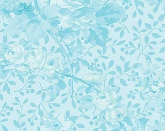 Wide Back Aqua Blue Floral Cotton fabric - 108" Floral Backing , Designer by the yard, Continuous Cuts