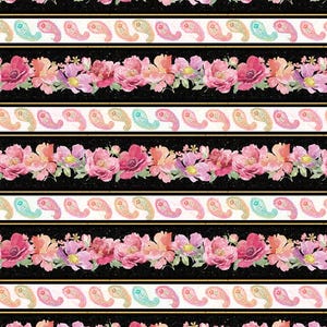 Black Floral Border Stripe Cotton Fabric-Meadow Melody Repeating ,Wilmington Prints, by the HALF YARD ,Home Decor ,Quilting ,Continuous Cuts