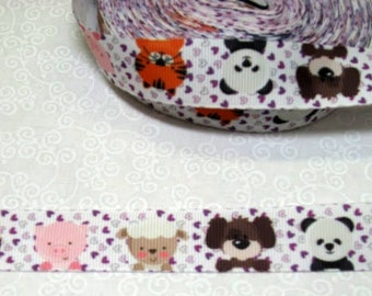 May include: White ribbon with a repeating pattern of purple hearts and cartoon animals including a cat, pig, lamb, dog, and panda.