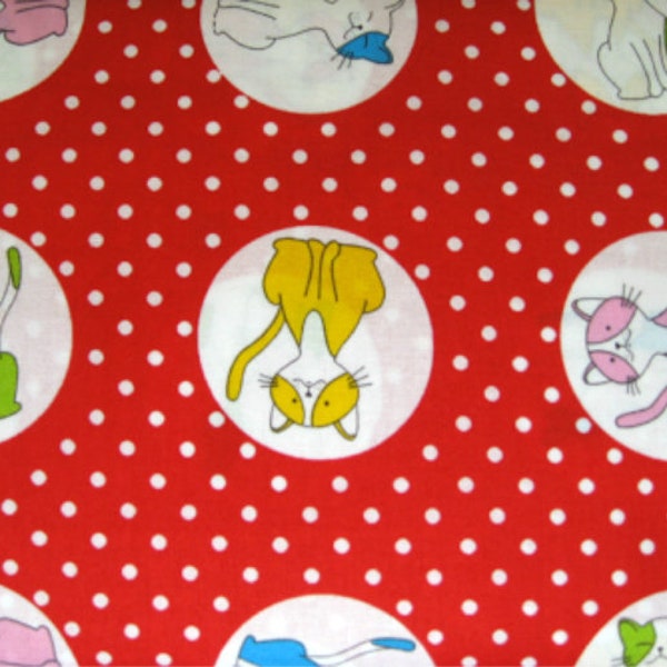 Red Polka Dot Cat Fabric , Cat's Pyjamas, cotton by the yard