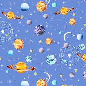 Blue Outer Space Cotton Flannel Fabric ,Space Planet, by the HALF YARD , Continuous Cuts, Home Decor ,Quilting , sewing