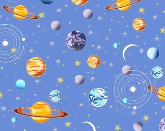 Blue Outer Space Cotton Flannel Fabric ,Space Planet, by the HALF YARD , Continuous Cuts, Home Decor ,Quilting , sewing
