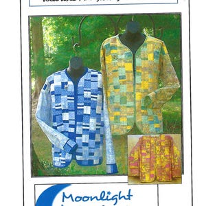May include: A pattern for a wearable art sweatshirt. The image shows two quilted jackets on mannequins, one blue and white, the other yellow and green. The text "STEPPING OUT" and "Moonlight Design" are also visible.