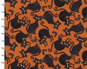 Tessuto di cotone con gatti neri di Halloween, arancione - Novità di Halloween - al metro, per quilting, cucito, arredamento per la casa, tagli continui