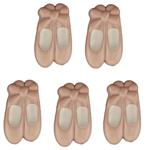 May include: Six pink ballet shoe-shaped buttons with a white bow on each shoe. The buttons are made of plastic and have a smooth, glossy finish.