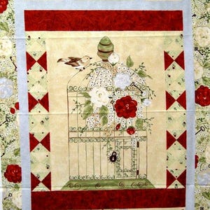 Panneau en tissu de coton Cage à oiseaux, panneau de courtepointe de jardin, Pearl Louise