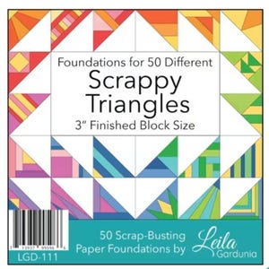 Puede incluir: Un conjunto de plantillas de papel para acolchado con el texto "Scrappy Triangles" y "3" Finished Block Size". El dise&ntilde;o presenta varios patrones geom&eacute;tricos en colores brillantes. El conjunto est&aacute; dise&ntilde;ado para 50 tri&aacute;ngulos diferentes.
