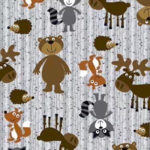 Tela de algodón de franela con animales del bosque gris, A.E. Nathan por media yarda, cortes continuos, decoración del hogar, acolchado, costura,
