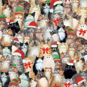 Cats and Christmas Hats Cotton Fabric- Meowy Christmas - Cotton By the HALF YARD, Continuous Cuts, Home Decor, Quilting, sewing,