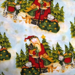 Vintage Santa and Cat Cotton Fabric - Debi Hron Collection - By the HALF YARD-Continuous Cuts, Home Decor ,Quilting , sewing