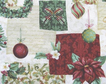 May include: Fabric featuring a Christmas pattern with green wreaths, red and green ornaments, plaid bows, and red poinsettia flowers. The background includes script text and damask patterns in shades of cream, dark red, and forest green.