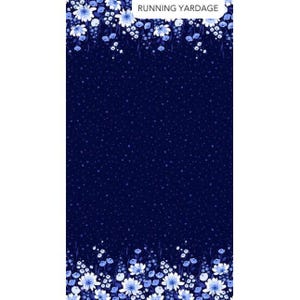 Deep blue fabric with a double border of daisies in white and light blue.
Center fabric has specks of light blue dots.