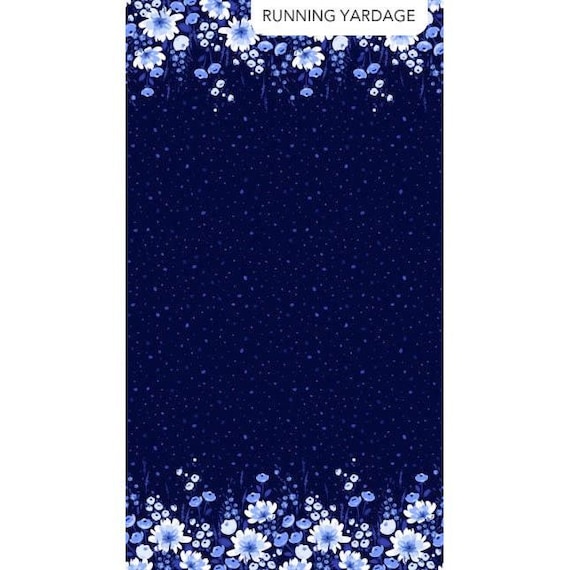 Navy Blue Floral Border Cotton Fabric, Madison's Garden, Quilting Sewing, By The Half Yard
