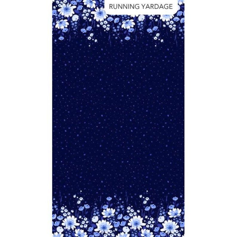 Deep blue fabric with a double border of daisies in white and light blue.
Center fabric has specks of light blue dots.