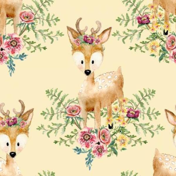 Whimsical Baby Deer Fabric - Forest Friends - 3 Wishes - Yardage and Fat Quarters