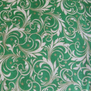Green Swirls Gold Metallic Cotton Fabric , by the HALF YARD - Festive Sparkle,Continuous Cuts, Home Decor ,Quilting , sewing