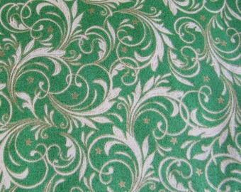 Green Swirls Gold Metallic Cotton Fabric , by the HALF YARD - Festive Sparkle,Continuous Cuts, Home Decor ,Quilting , sewing