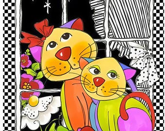 Colorful Cat Fabric Panel- Kitty Couple by  Loralie Design