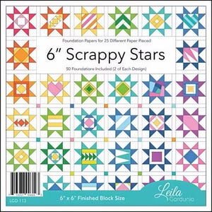 May include: A square product cover titled 6" Scrappy Stars, featuring foundation papers for 25 different paper pieced star designs. The cover displays a grid of colorful, multi-patterned star blocks in various hues, with 50 foundations included.