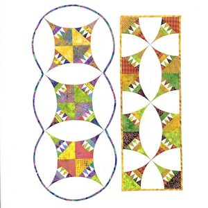 Puede incluir: Un patrón de edredón colorido titulado "Pie & Ice Cream" con un diseño repetitivo de formas geométricas y colores vibrantes. El diseño incluye cuadrados, triángulos y líneas curvas, con las palabras "Anything But Boring" en la parte inferior.