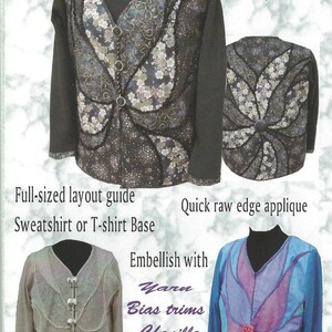 May include: A sewing pattern for a jacket called "Aria" by Estelle's. The pattern includes instructions for embellishing the jacket with yarn, bias trims, chenille, and deco cord. The pattern also includes instructions for making your own chenille.