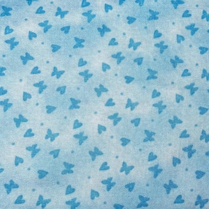 Blue Butterflies and Hearts  Cotton Fabric - By the Half Yard, Whimsical blender, Tonal, Quilting Fabric, Children quilts, Continuous Cuts