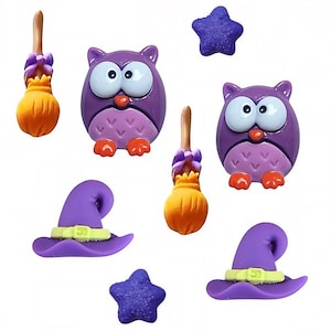 May include: A collection of Halloween-themed decorations, including purple owl figures, witch hats, brooms, and star shapes. The decorations are in shades of purple, orange, and yellow, with white and black accents. These items are likely used for seasonal crafts or party decor.
