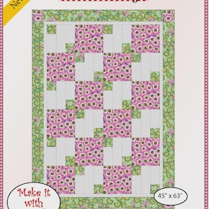 May include: A Fabric Café quilt pattern titled Garden Path, featuring a 45 inches by 63 inches quilt design with pink floral blocks, light grey dotted squares, and a green lily pad border. The pattern includes text: New Version, 092125-01, Make it with 3 yards.