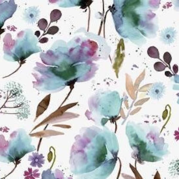 Blue Wild Poppies fabric, Tranquil Breeze , by the yard