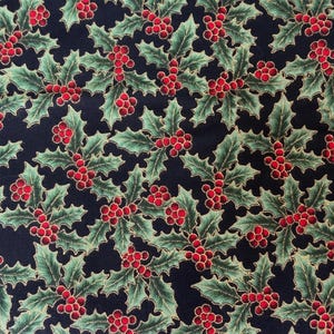 Black Holly Cotton fabric- Christmas Gold Metallic, red berries, Hoffman,  by the HALF YARD ,Continuous Cuts, Home Decor ,Quilting , sewing,
