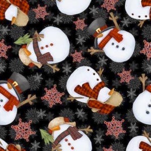 Black Snowmen Cotton Fabric- Festive Christmas , Henry Glass - by the half yard-Quilting ,Sewing , Home Decor,Continuous Cuts,