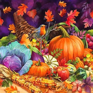May include: A vibrant autumn harvest scene featuring a woven cornucopia overflowing with a large orange pumpkin, purple cabbage, yellow corn cobs, red apples, grapes, and assorted gourds, accented by a small robin perched amidst falling leaves.