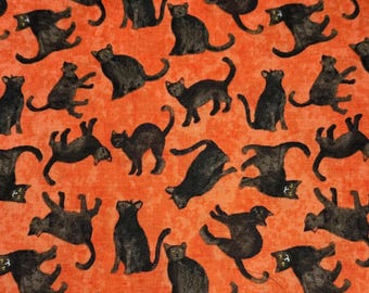 Black Cat Halloween Cotton Fabric, Orange Textured Clothworks (by Half Yard)
