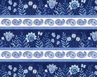 Blue Blooming Blue Floral Border Stripe Fabric, Wilmington Prints cotton by the yard