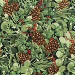 Pine Cone Christmas Green Cotton Fabric , Shimmery Berries by the  half Yard - Festive Cotton Continuous Cuts, Home Decor ,Quilting , sewing