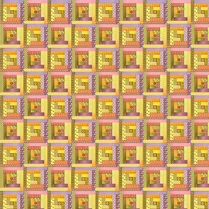 May include: A repeating pattern of colorful squares, each with a central square surrounded by rectangular blocks in shades of yellow, orange, pink, and purple. The design includes dotted and checkered patterns, creating a patchwork quilt effect.