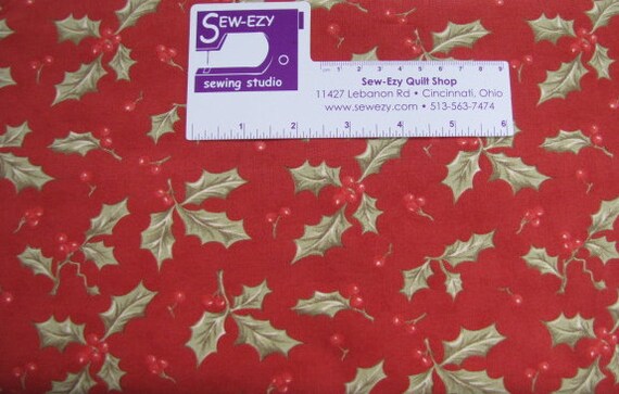 Holiday Flair Holly & Ornaments on Red Christmas Cotton Fabric   1/2 Yard  #3782 