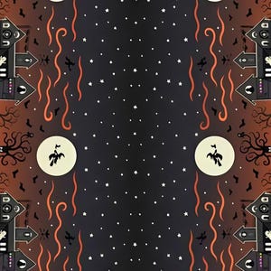 Black Border Halloween Cotton Fabric, Haunted Houses ,By The half Yard, Glows in the dark, Quilting ,Sewing , Home Decor,Continuous Cuts,