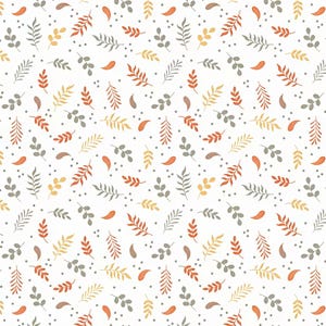 May include: A repeating pattern of autumn leaves and sprigs in shades of orange, yellow, and gray on a white background. Small gray dots are scattered throughout the design, creating a textured effect. The leaves vary in shape and size.