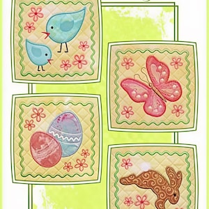 May include: A set of four square quilted coasters titled Spring Fling Coaster Set by A Janine Babich Design. The coasters feature embroidered motifs of two blue birds, a pink butterfly, two colorful eggs, and a brown rabbit, all with flowers.