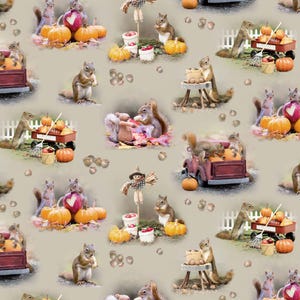 May include: A repeating pattern featuring squirrels, pumpkins, and autumn elements. Squirrels are depicted with pumpkins, in a red wagon, and near a scarecrow. The color palette includes orange, brown, and beige, creating a fall harvest theme.