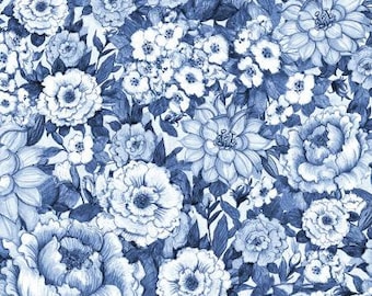 Blue Allover Flower Cotton fabric ,  navy blue, by the yard