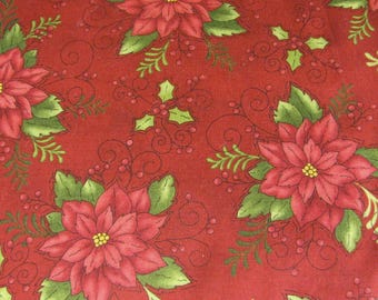 Tela de algodón con estampado de flor de Pascua roja, Henry Glass, estampado navideño (por medio metro)